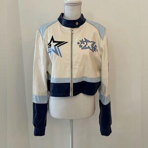 Forever 21 Women's Navy and Cream Motorcross Faux Leather Jacket - XL